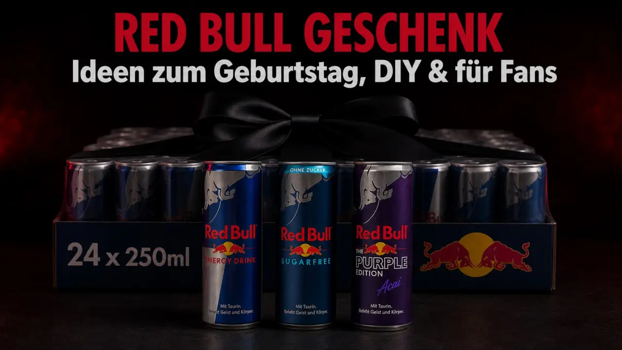 Red Bull Geschenk selbst gemacht – Torte aus Red-Bull-Dosen mit Schleifenband zum Geburtstag