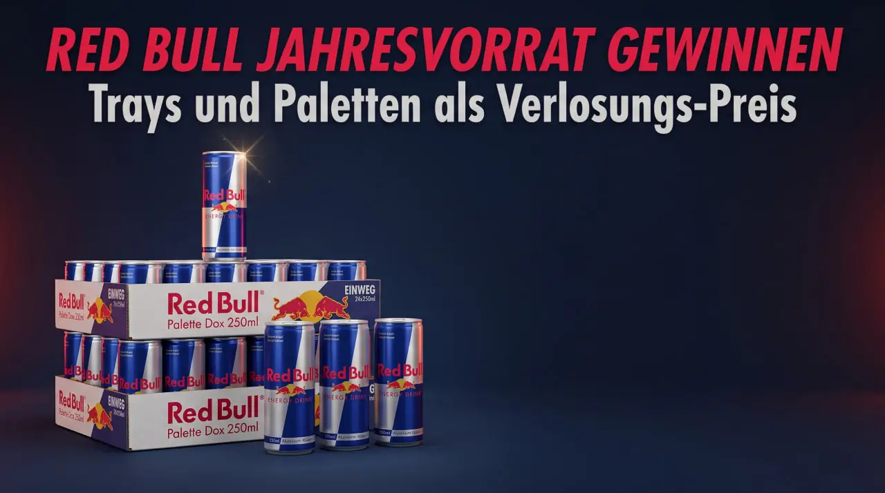 Red Bull Jahresvorrat gewinnen – Trays und Paletten als Verlosungs-Preis
